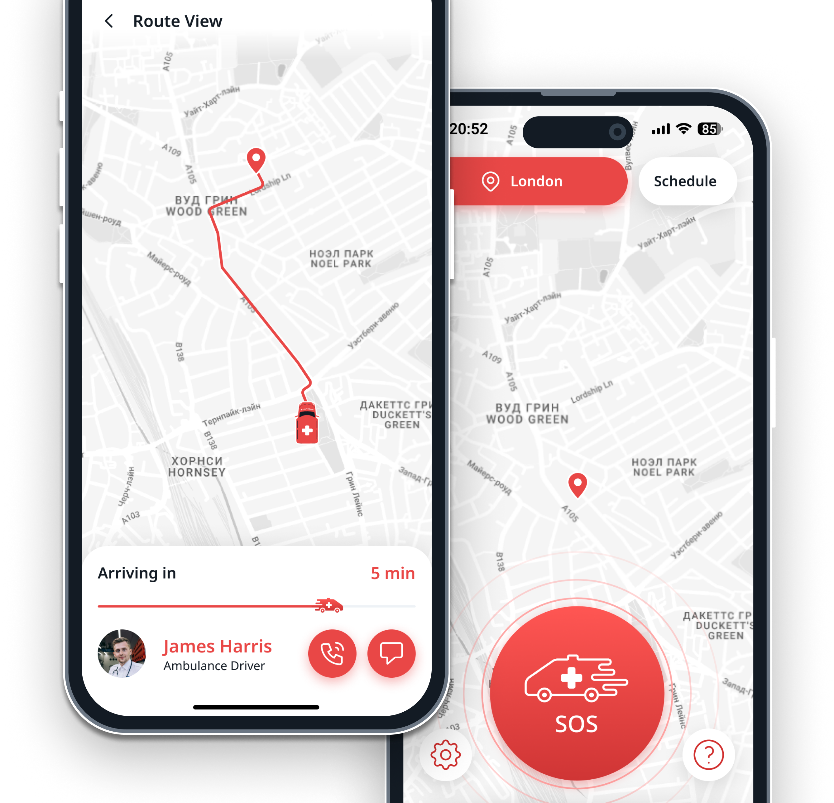 FlashAid app — SOS screen and live ambulance tracking